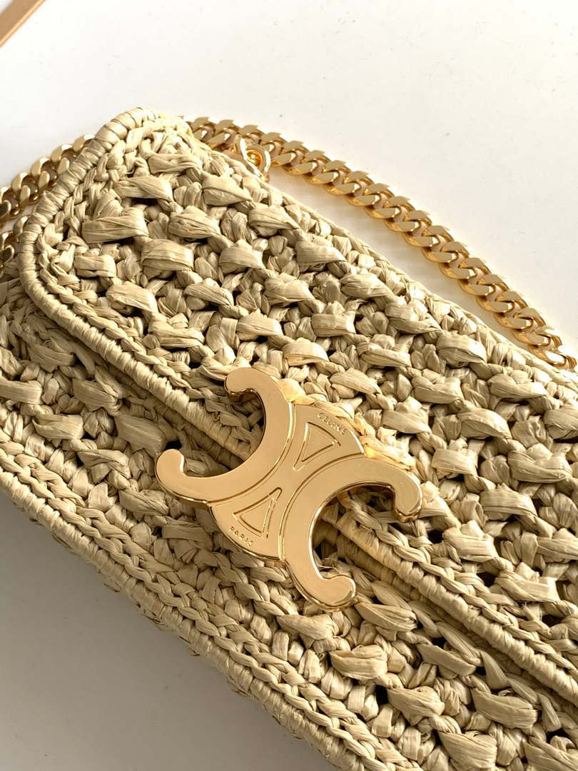 Celine 197993 Chain Shoulder Bag Claude In Triomphe Raffia Apricot