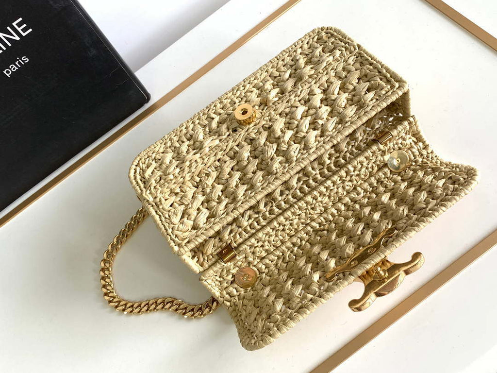 Celine 197993 Chain Shoulder Bag Claude In Triomphe Raffia Apricot