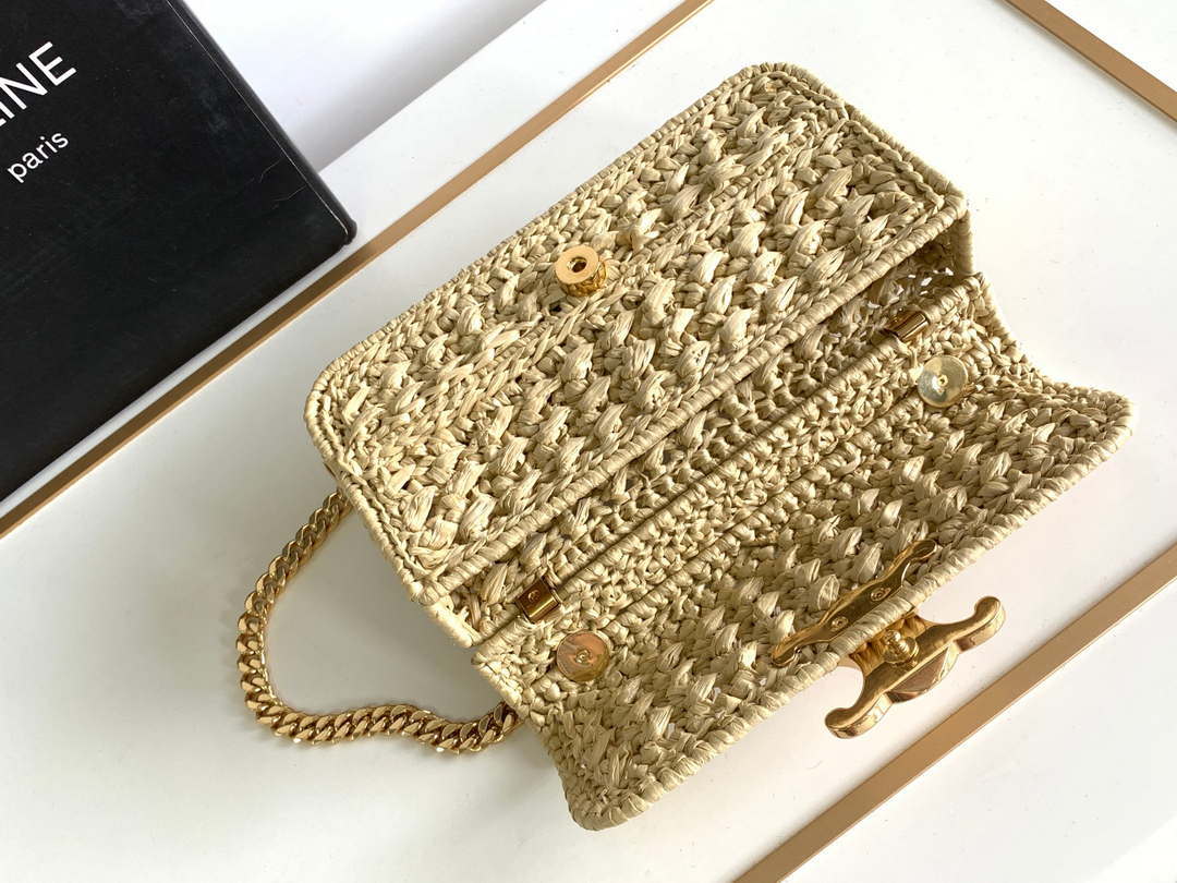 Celine 197993 Chain Shoulder Bag Claude In Triomphe Raffia Apricot