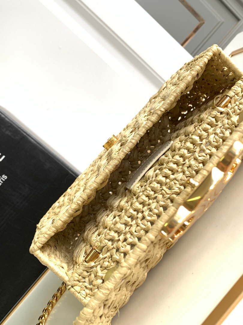Celine 197993 Chain Shoulder Bag Claude In Triomphe Raffia Apricot