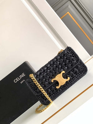 Celine 197993 Chain Shoulder Bag Claude In Triomphe Raffia Black - Default Title - View 1