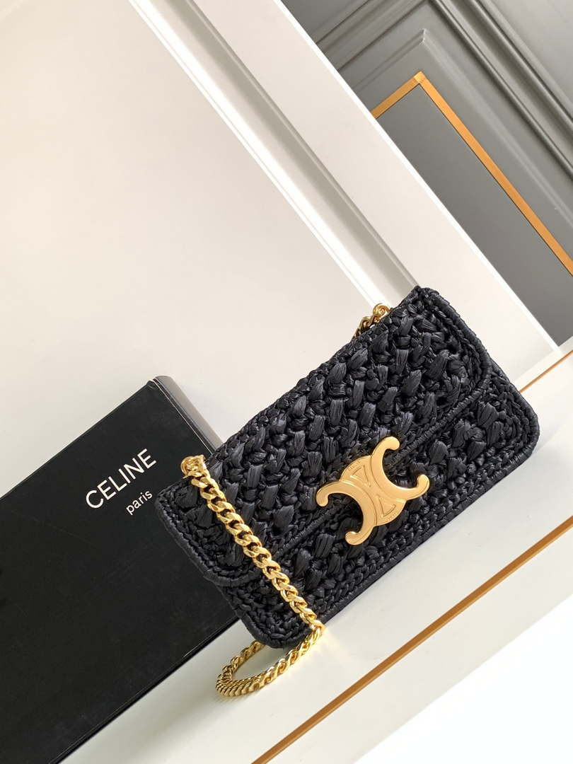 Celine 197993 Chain Shoulder Bag Claude In Triomphe Raffia Black - Default Title - View 1