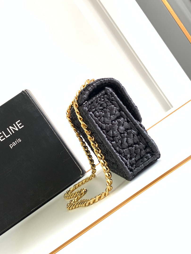 Celine 197993 Chain Shoulder Bag Claude In Triomphe Raffia Black