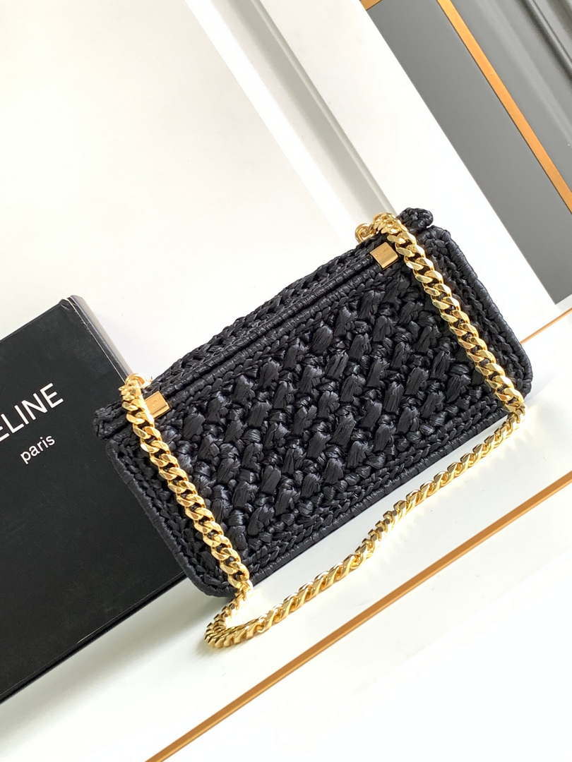 Celine 197993 Chain Shoulder Bag Claude In Triomphe Raffia Black