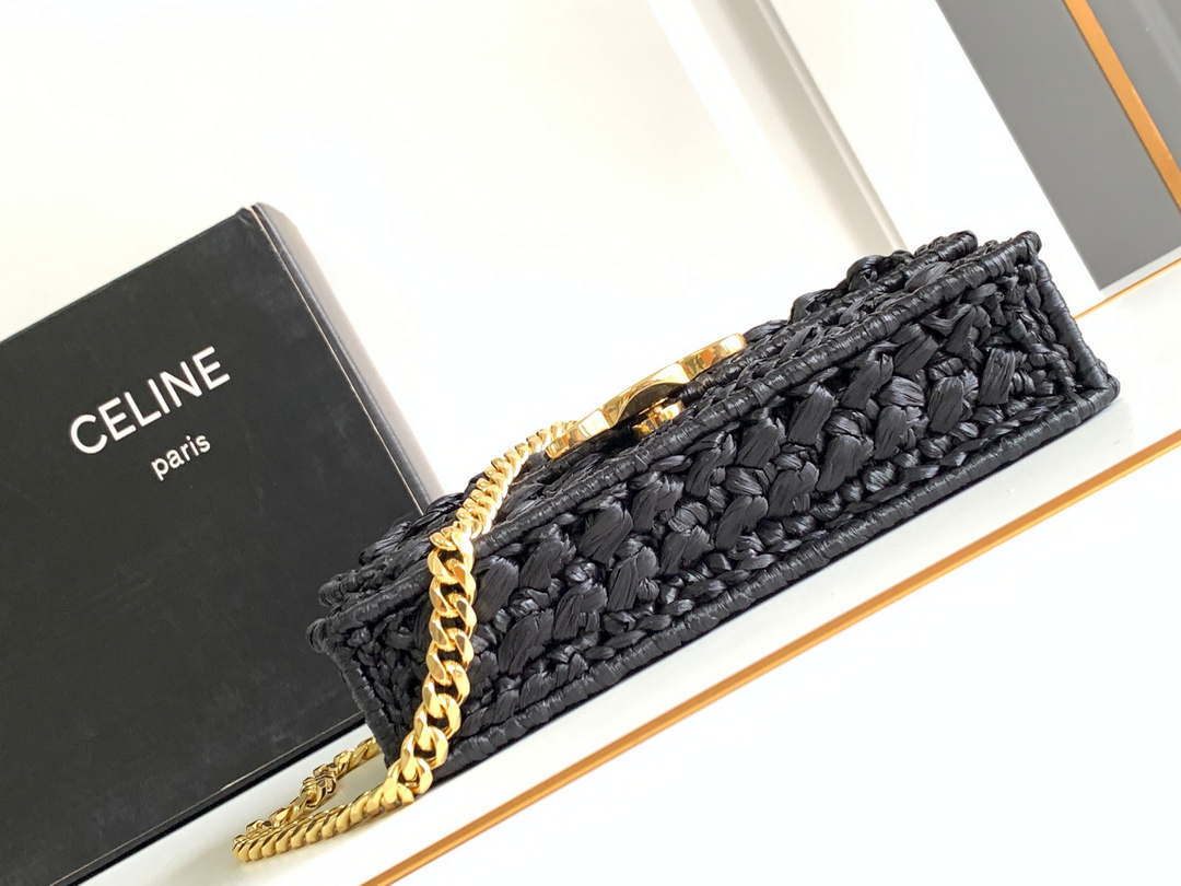Celine 197993 Chain Shoulder Bag Claude In Triomphe Raffia Black