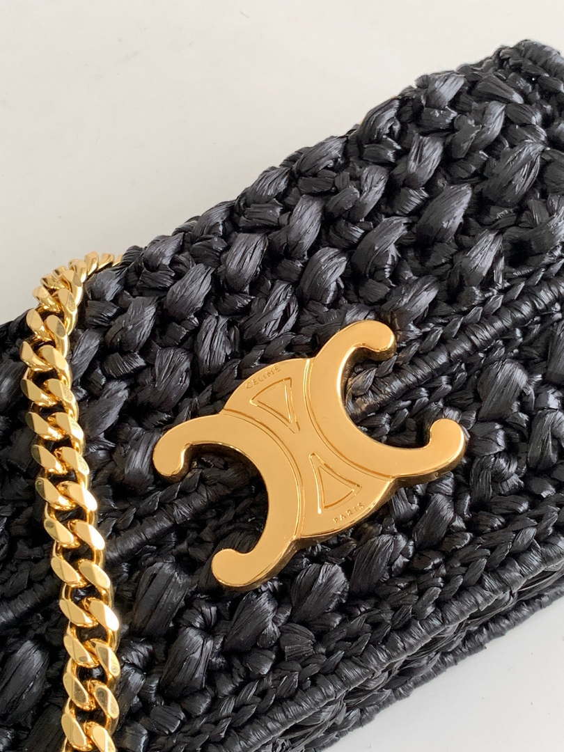 Celine 197993 Chain Shoulder Bag Claude In Triomphe Raffia Black