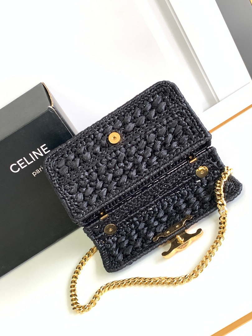 Celine 197993 Chain Shoulder Bag Claude In Triomphe Raffia Black
