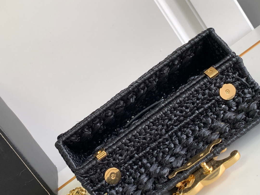 Celine 197993 Chain Shoulder Bag Claude In Triomphe Raffia Black