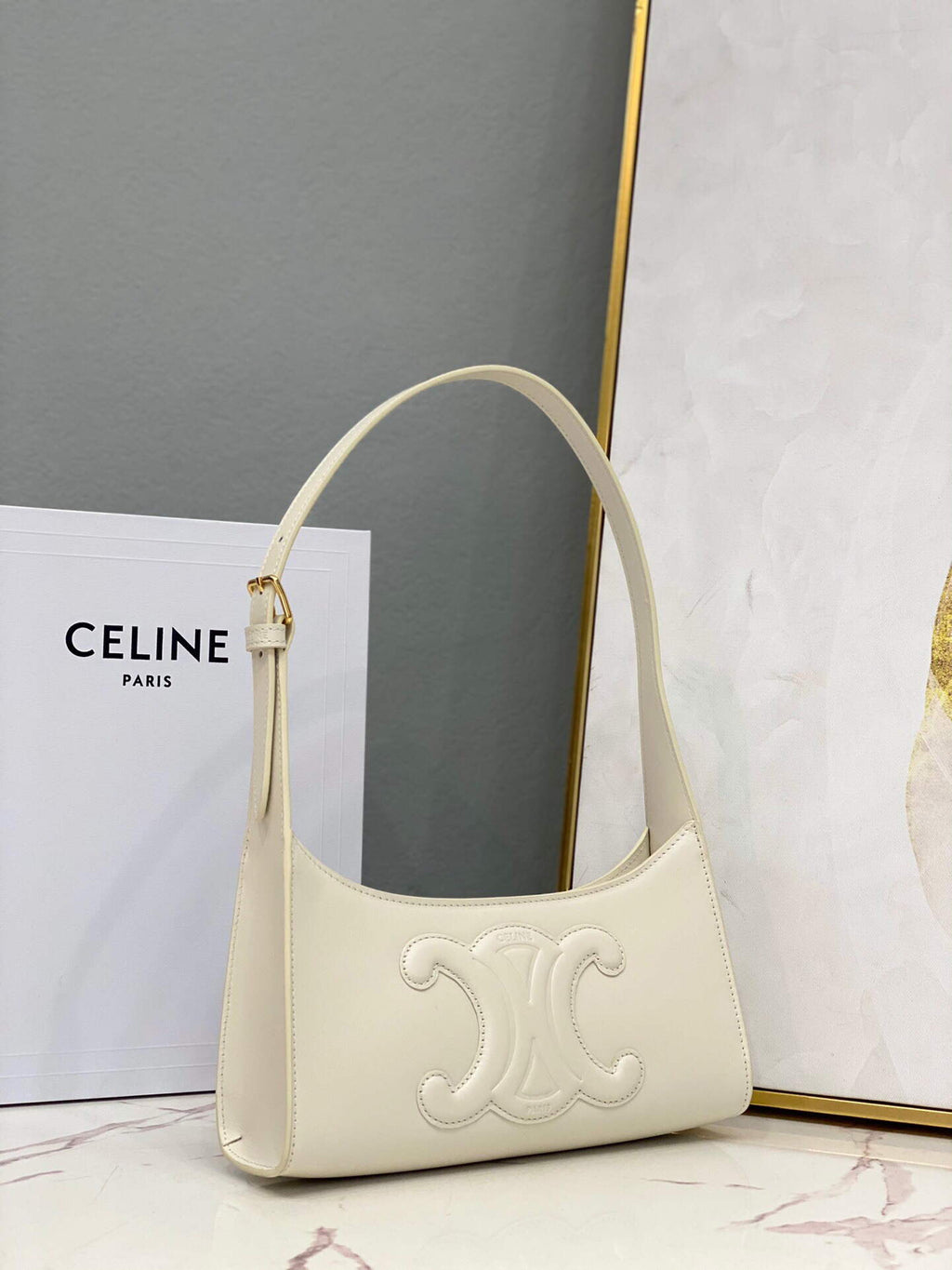 Celine 198153 Shoulder Bag Cuir Triomphe in Smooth Calfskin White