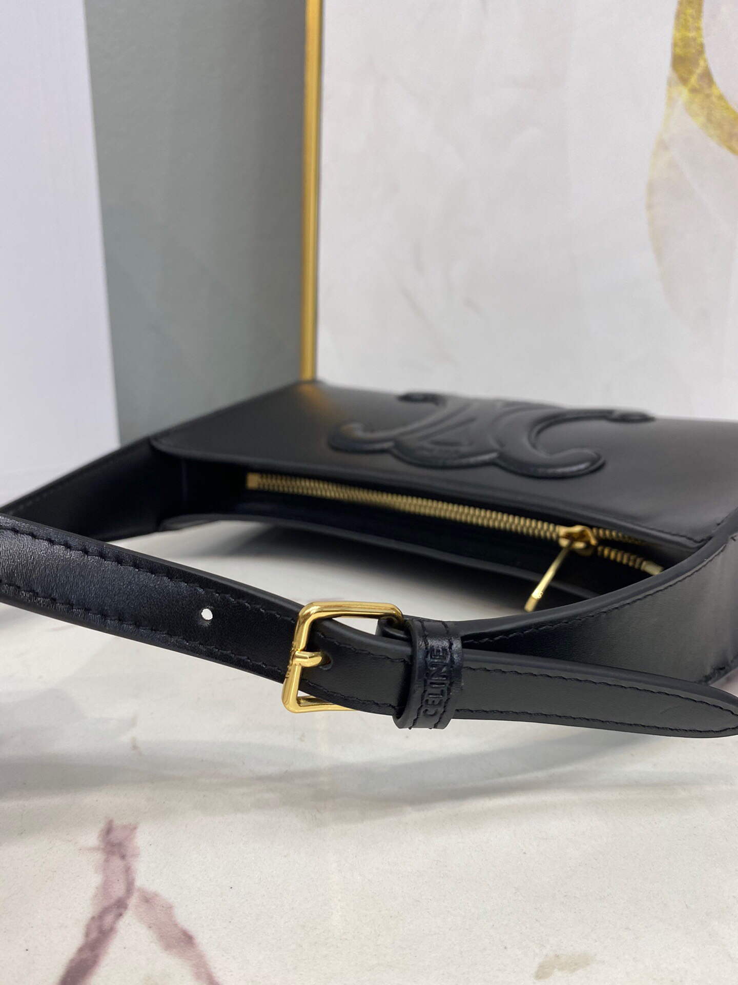 Celine 198153 Shoulder Bag Cuir Triomphe in Smooth Calfskin Black