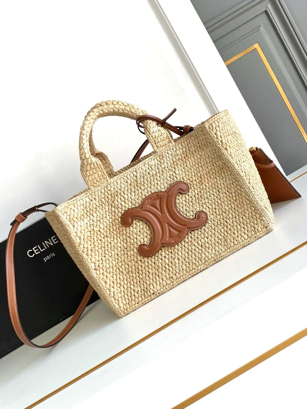 Celine 199162 Tote Classic Panier In Raffia And Calfskin Natural & Brown