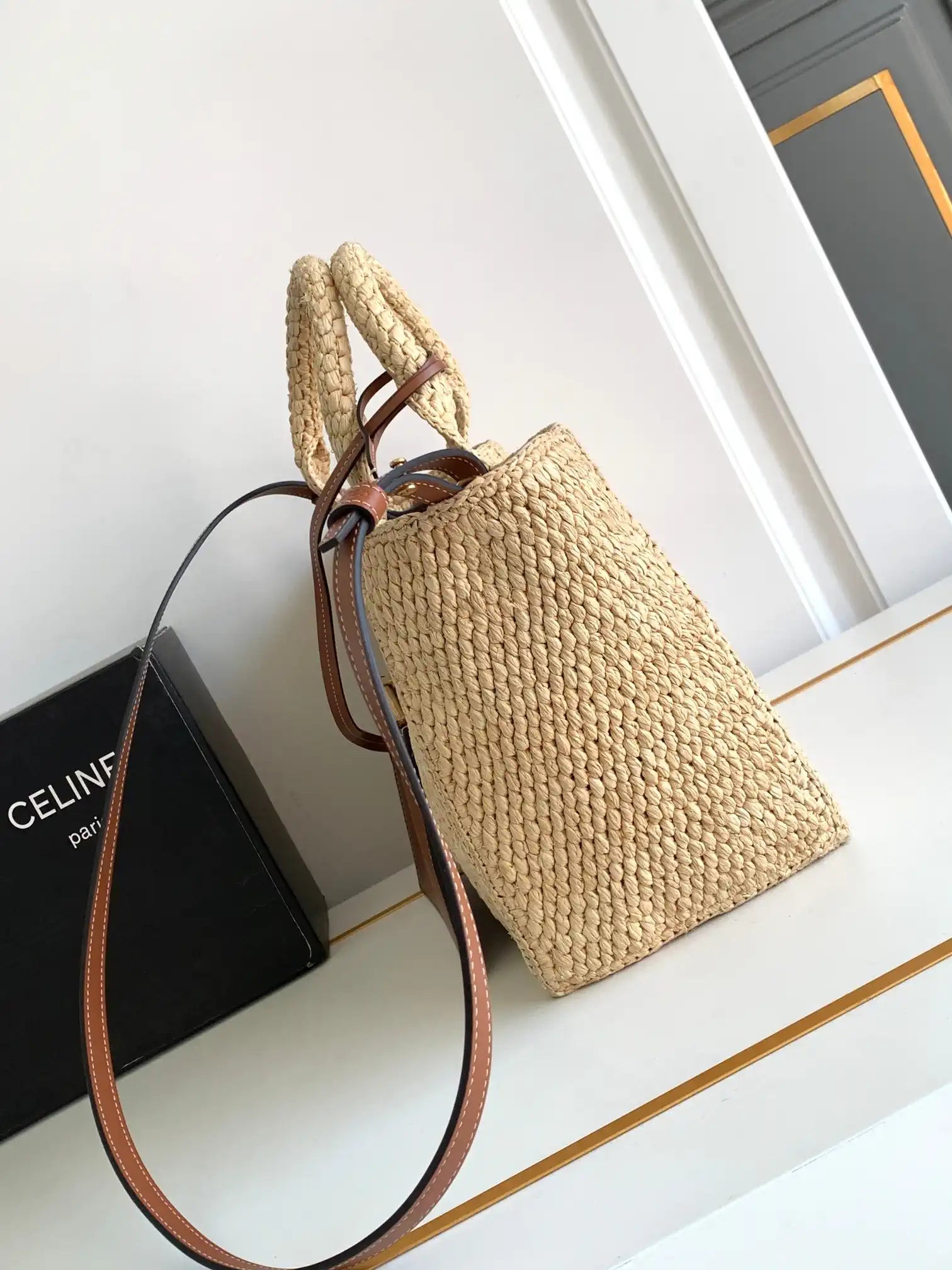 Celine 199162 Tote Classic Panier In Raffia And Calfskin Natural & Brown