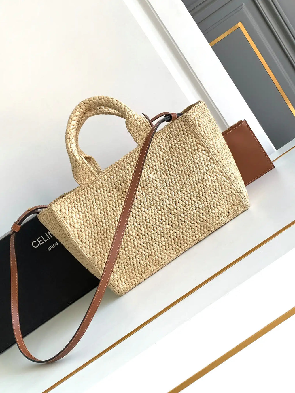 Celine 199162 Tote Classic Panier In Raffia And Calfskin Natural & Brown