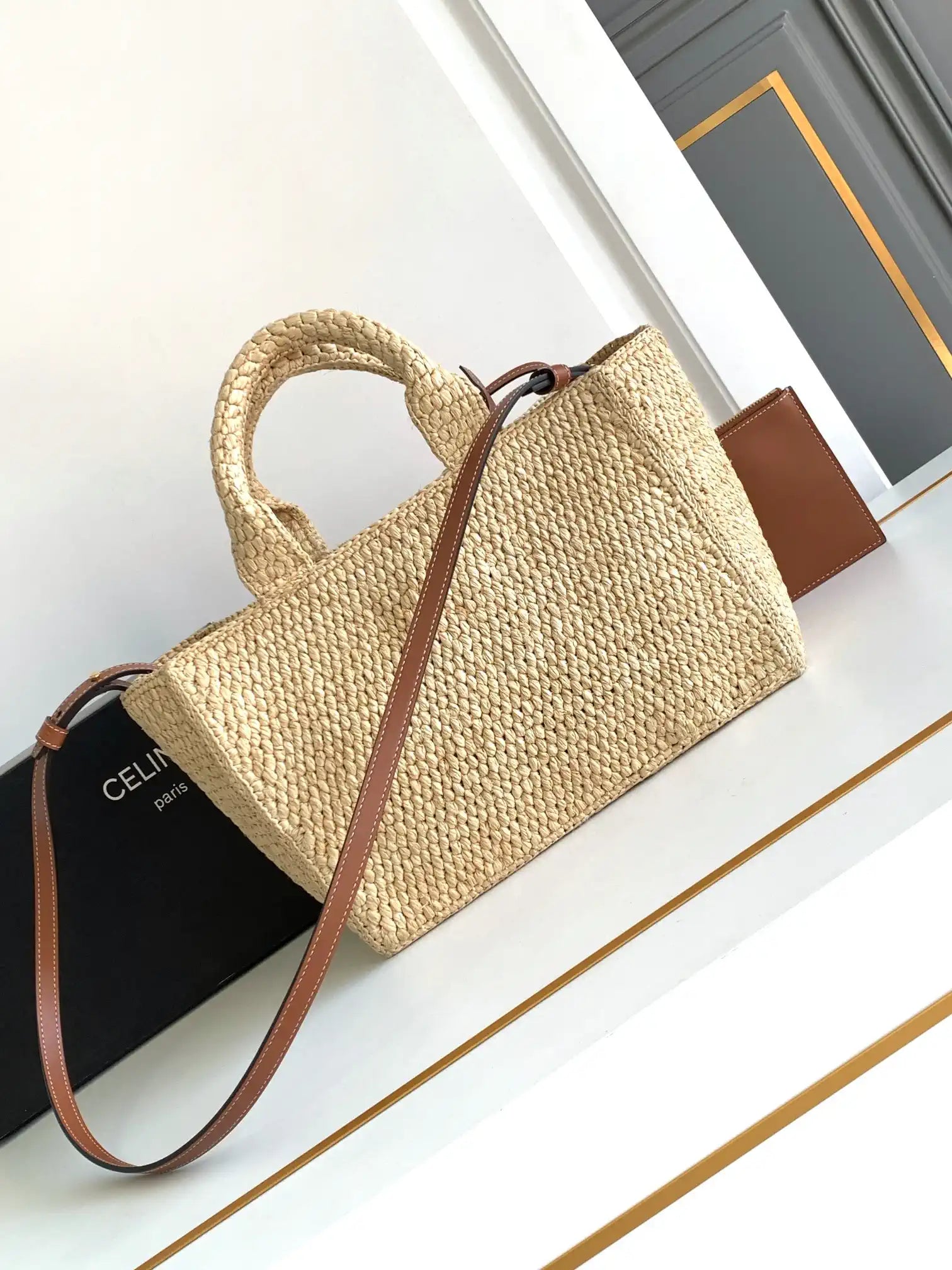 Celine 199162 Tote Classic Panier In Raffia And Calfskin Natural & Brown