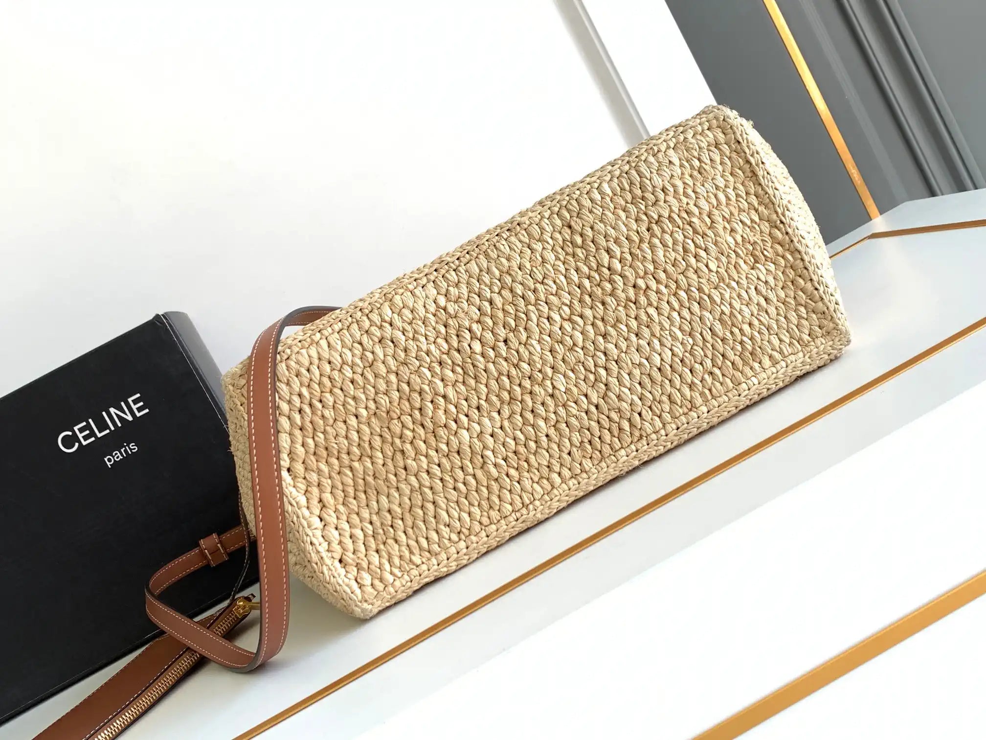 Celine 199162 Tote Classic Panier In Raffia And Calfskin Natural & Brown