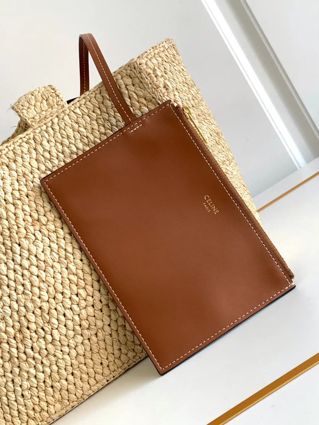 Celine 199162 Tote Classic Panier In Raffia And Calfskin Natural & Brown