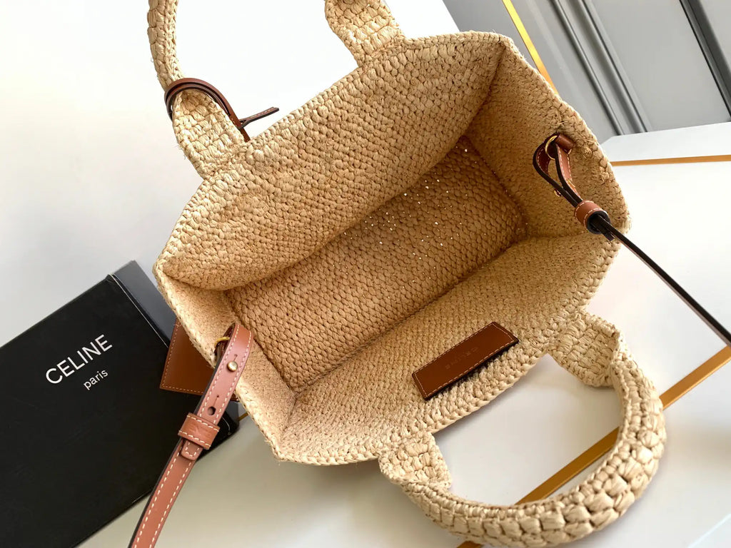 Celine 199162 Tote Classic Panier In Raffia And Calfskin Natural & Brown