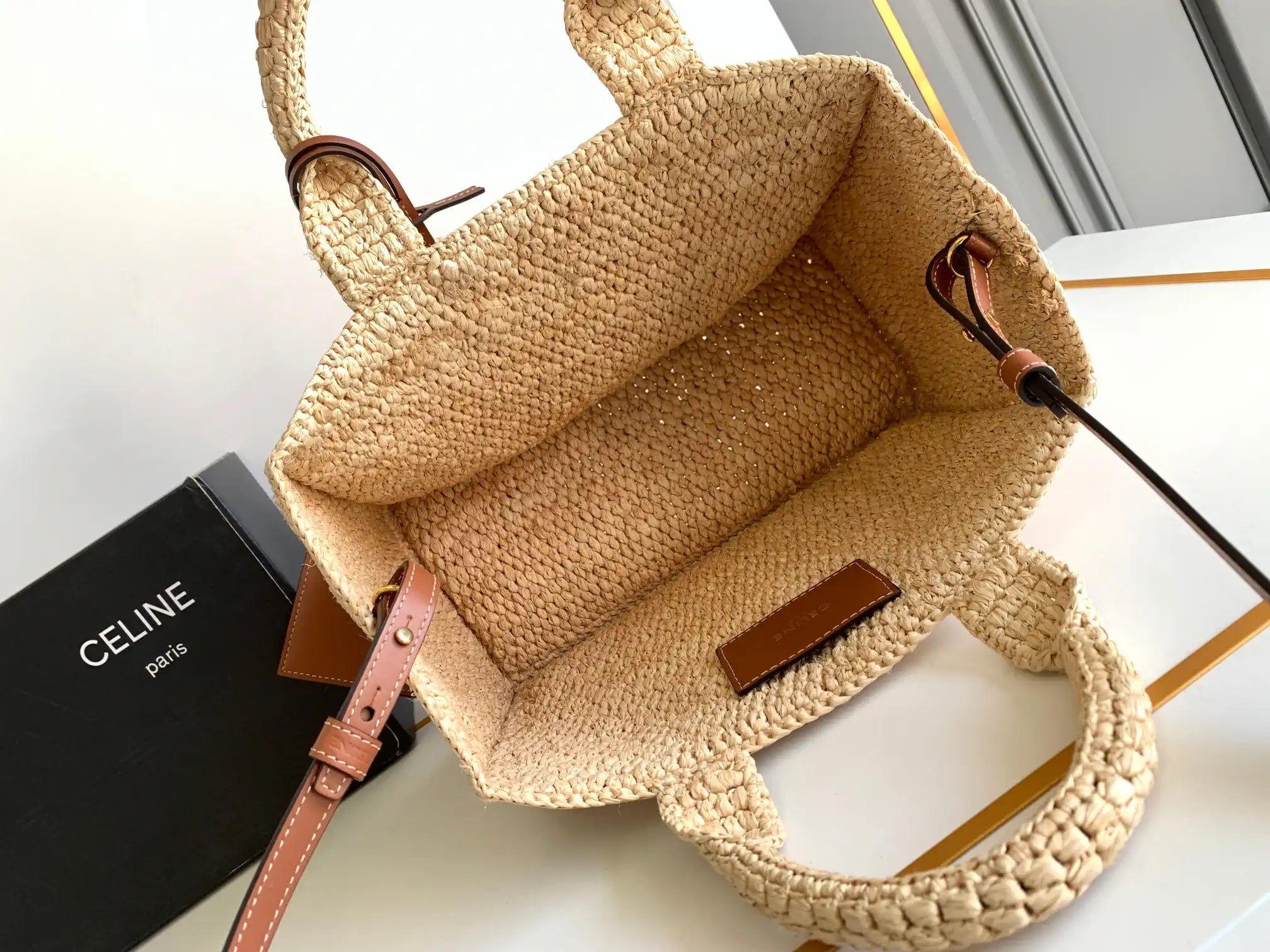 Celine 199162 Tote Classic Panier In Raffia And Calfskin Natural & Brown