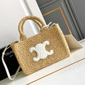 Celine 199162 Tote Classic Panier In Raffia And Calfskin Natural & White