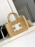 Celine 199162 Tote Classic Panier In Raffia And Calfskin Natural & White