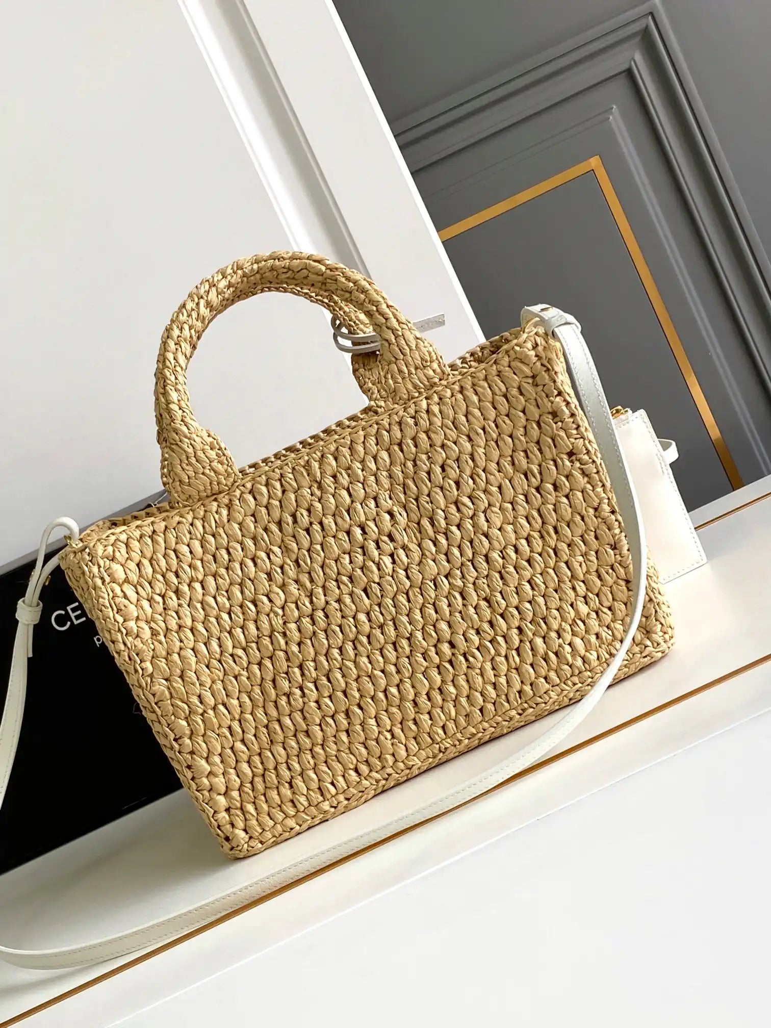 Celine 199162 Tote Classic Panier In Raffia And Calfskin Natural & White