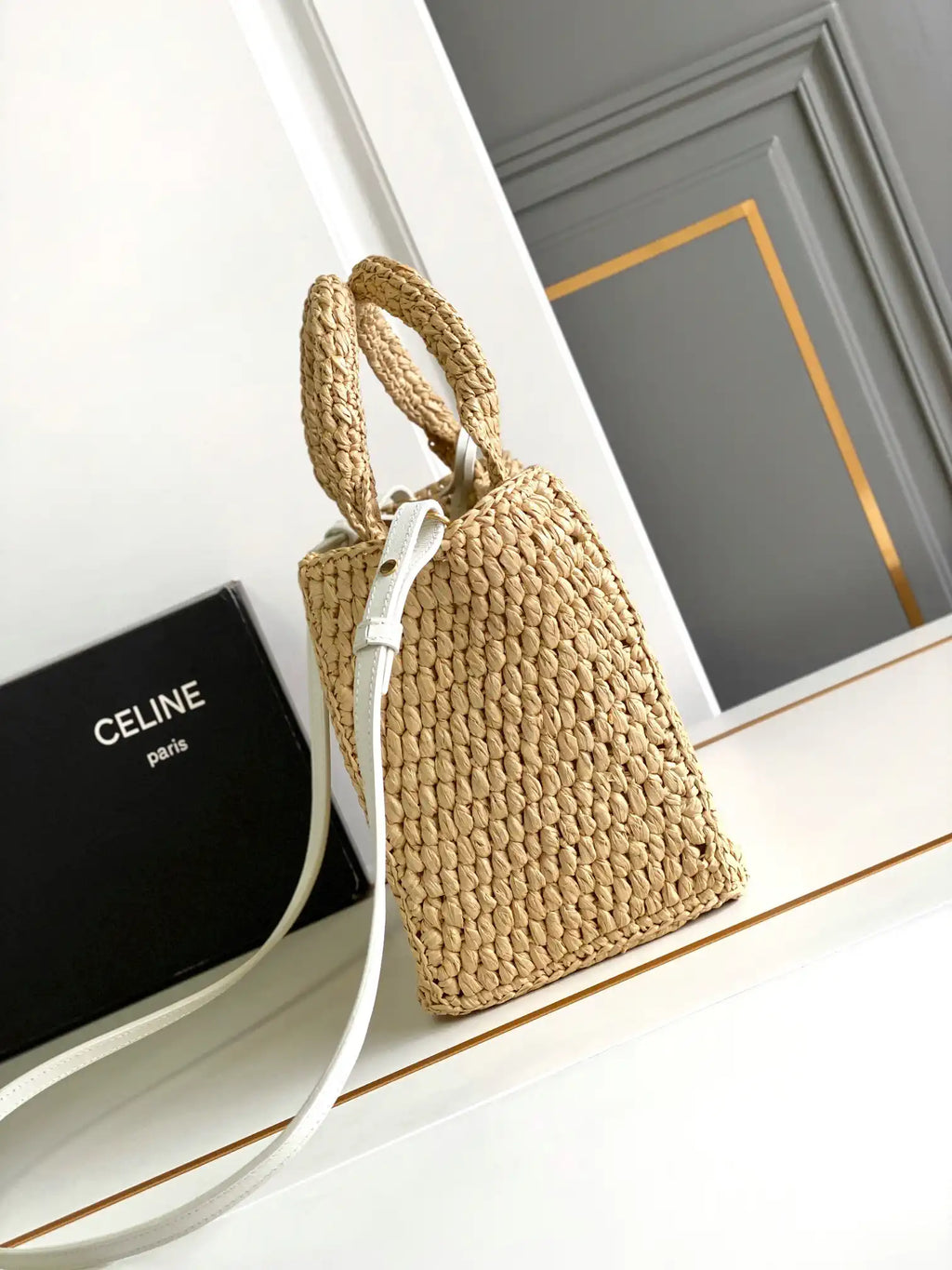Celine 199162 Tote Classic Panier In Raffia And Calfskin Natural & White