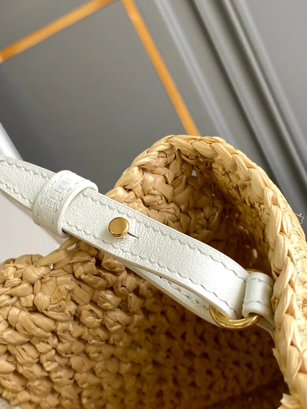 Celine 199162 Tote Classic Panier In Raffia And Calfskin Natural & White
