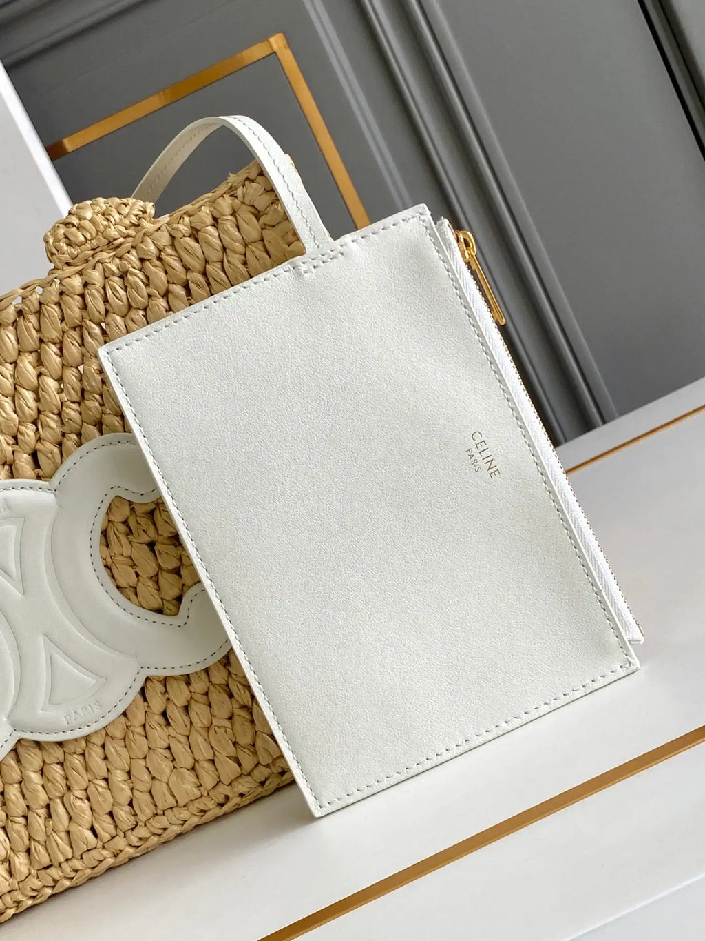 Celine 199162 Tote Classic Panier In Raffia And Calfskin Natural & White