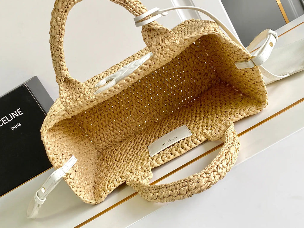 Celine 199162 Tote Classic Panier In Raffia And Calfskin Natural & White