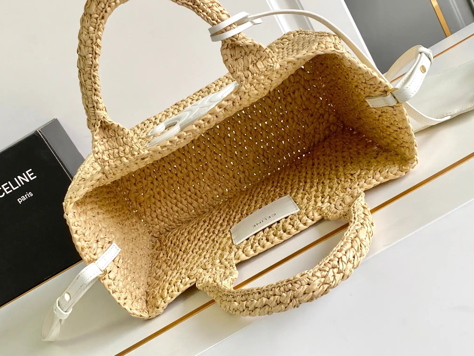Celine 199162 Tote Classic Panier In Raffia And Calfskin Natural & White