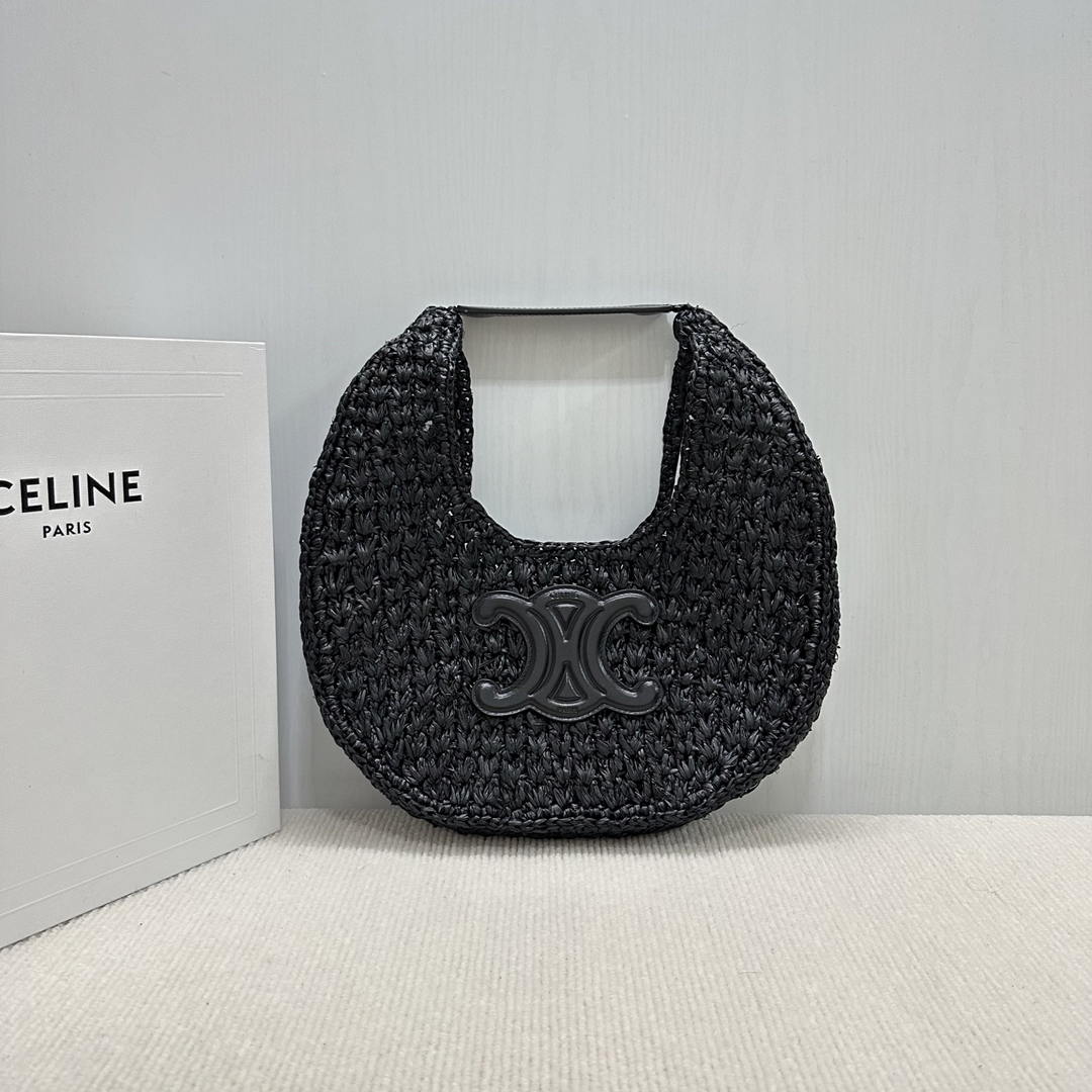 Celine classic panier HOBO BAG IN Raffia and Calfskin 112772  Black