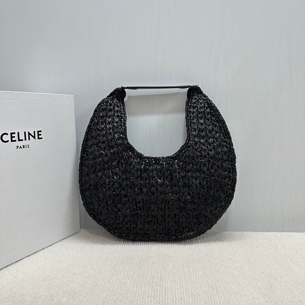 Celine classic panier HOBO BAG IN Raffia and Calfskin 112772  Black