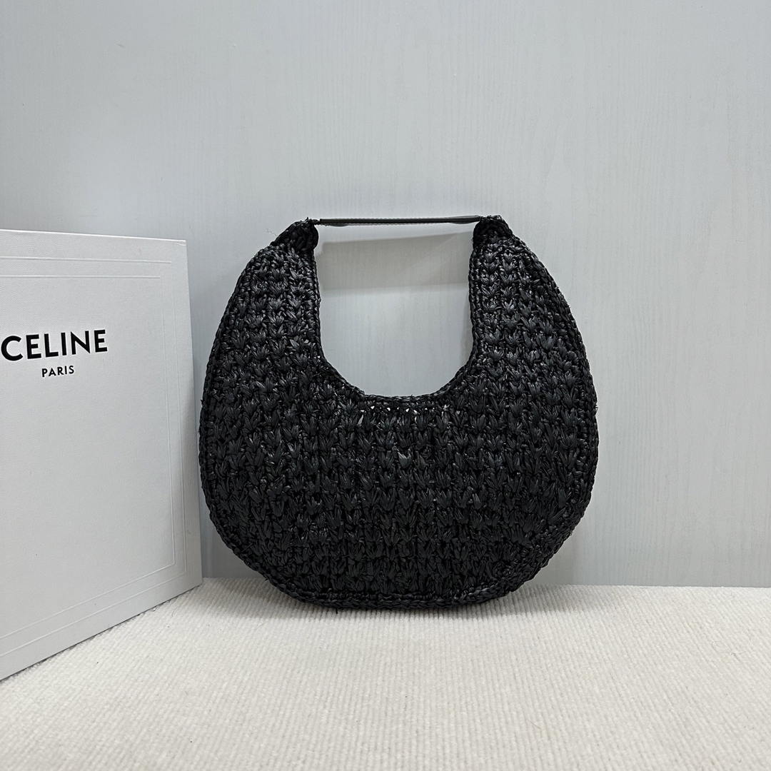 Celine classic panier HOBO BAG IN Raffia and Calfskin 112772  Black