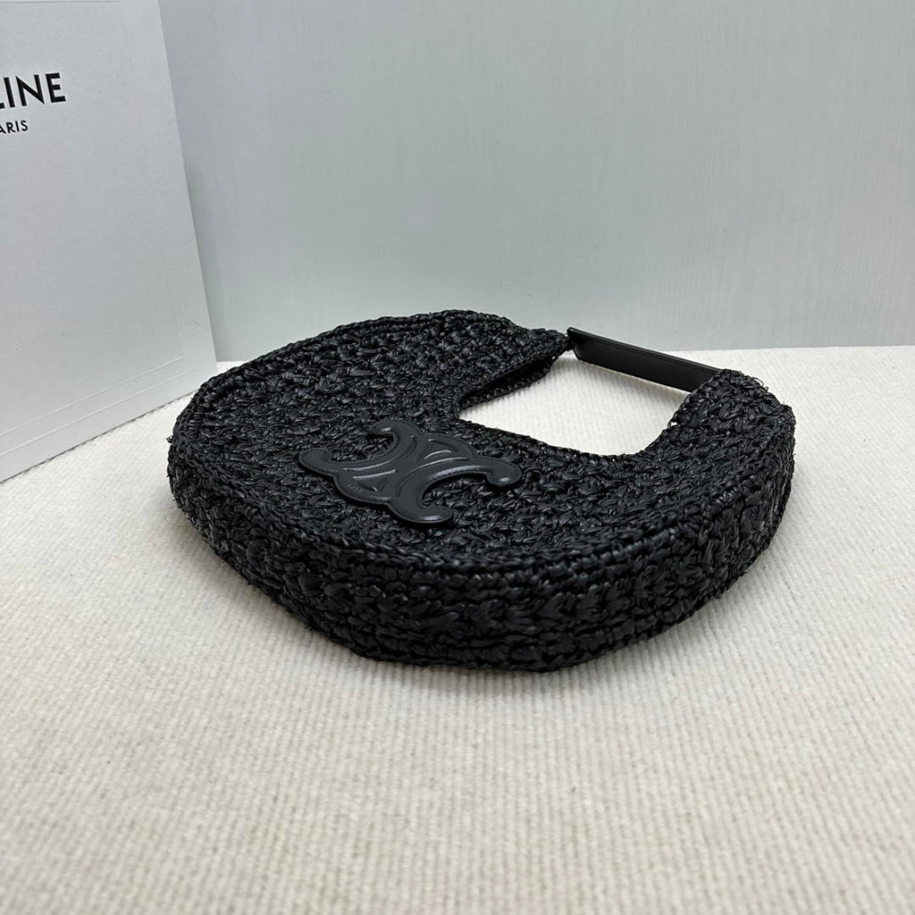 Celine classic panier HOBO BAG IN Raffia and Calfskin 112772  Black