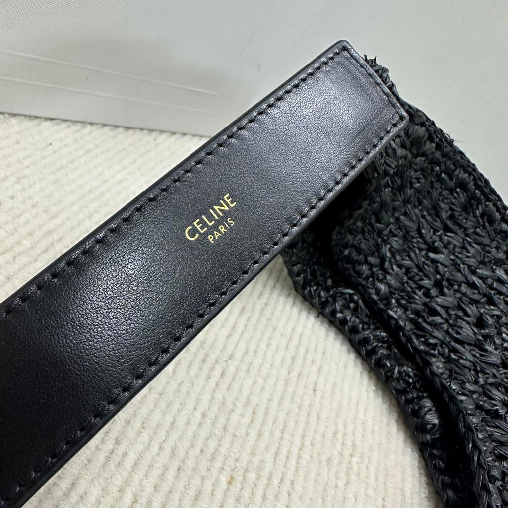 Celine classic panier HOBO BAG IN Raffia and Calfskin 112772  Black