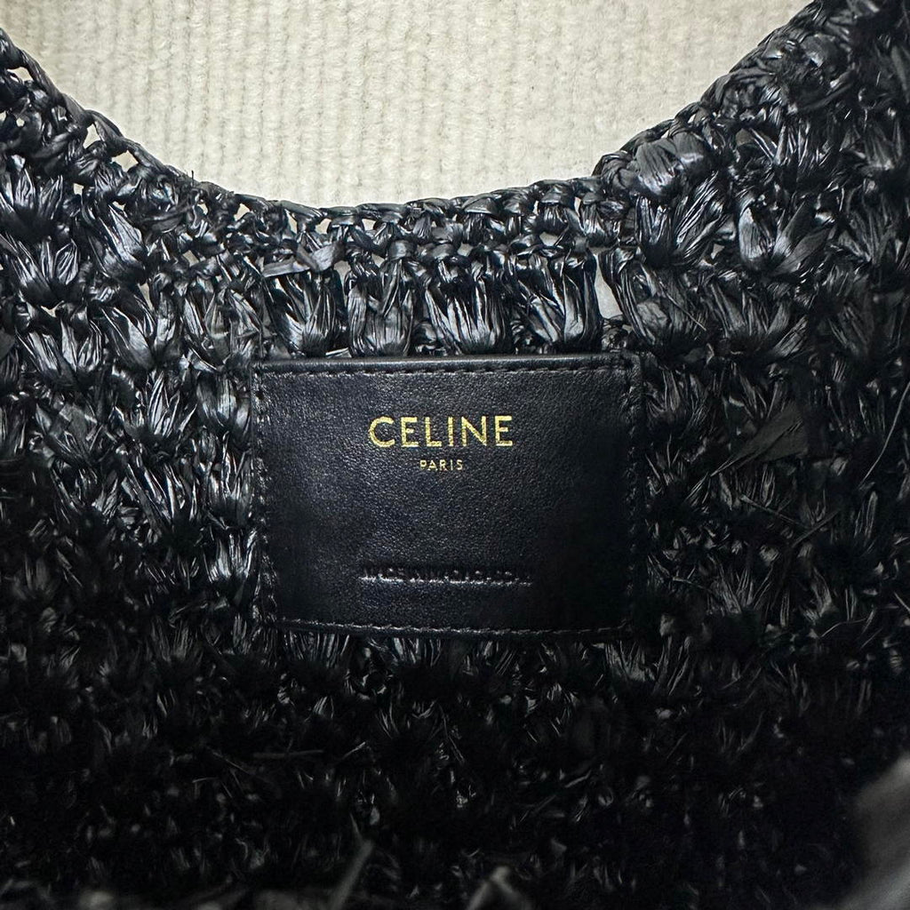 Celine classic panier HOBO BAG IN Raffia and Calfskin 112772  Black