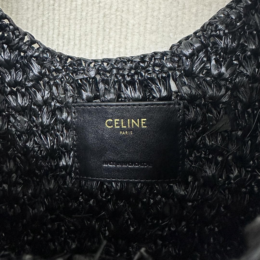 Celine classic panier HOBO BAG IN Raffia and Calfskin 112772  Black
