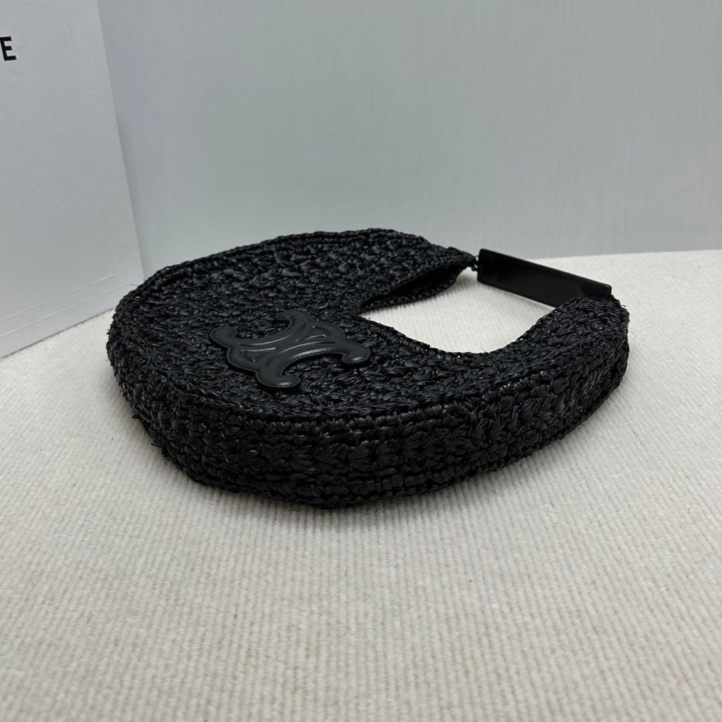 Celine classic panier HOBO BAG IN Raffia and Calfskin 112772  Black