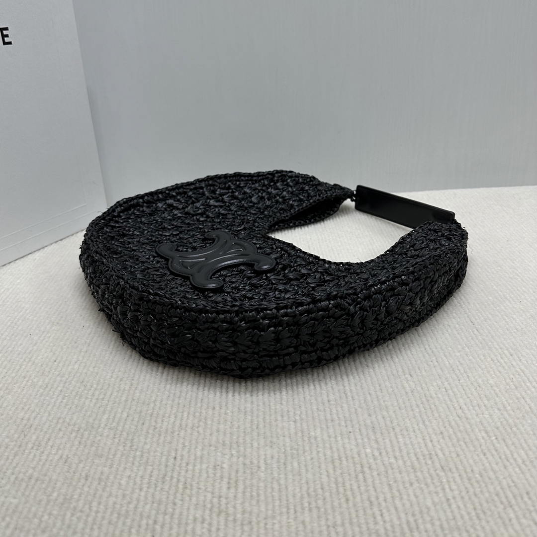 Celine classic panier HOBO BAG IN Raffia and Calfskin 112772  Black