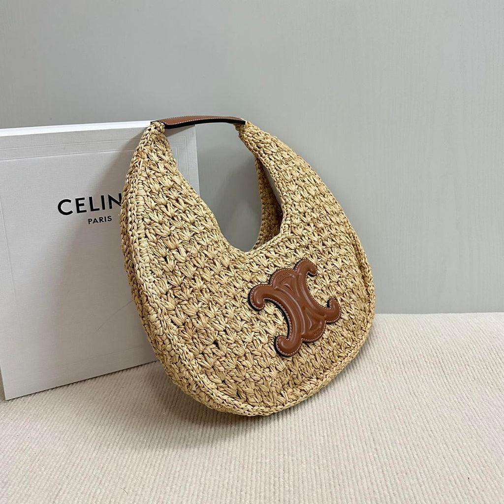 Celine classic panier HOBO BAG IN Raffia and Calfskin 112772 Nuture Brown