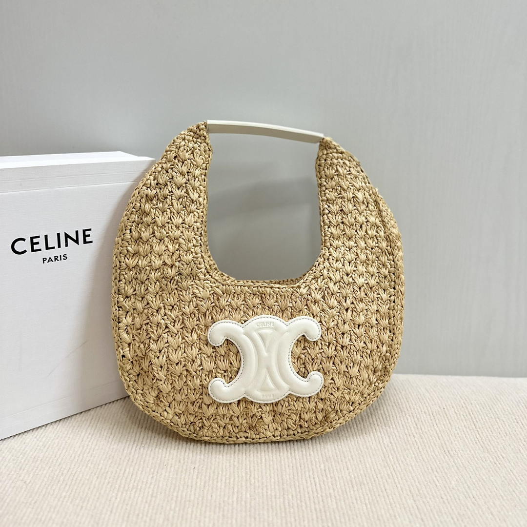 Celine classic panier HOBO BAG IN Raffia and Calfskin 112772 Nuture White