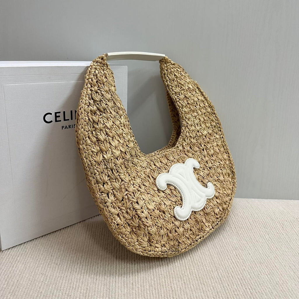 Celine classic panier HOBO BAG IN Raffia and Calfskin 112772 Nuture White