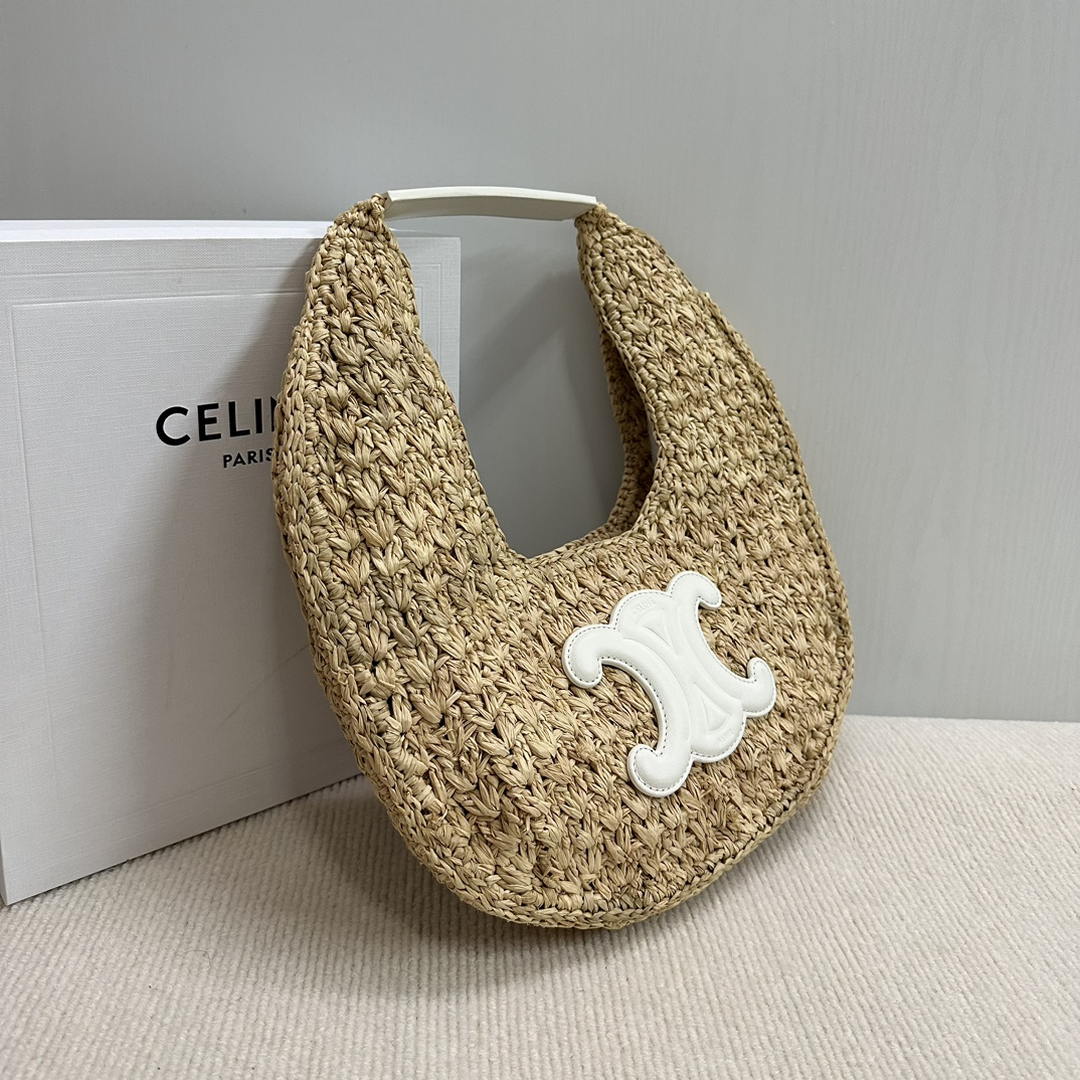 Celine classic panier HOBO BAG IN Raffia and Calfskin 112772 Nuture White