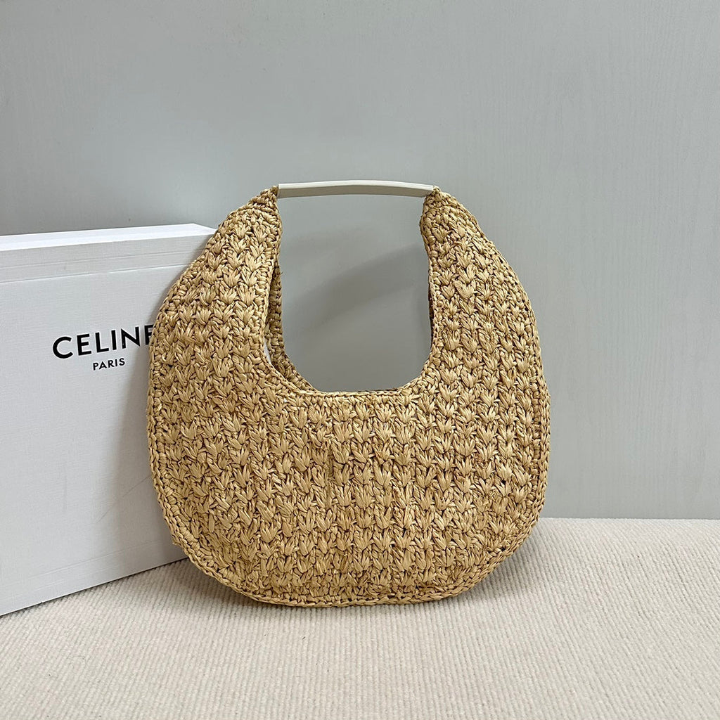 Celine classic panier HOBO BAG IN Raffia and Calfskin 112772 Nuture White