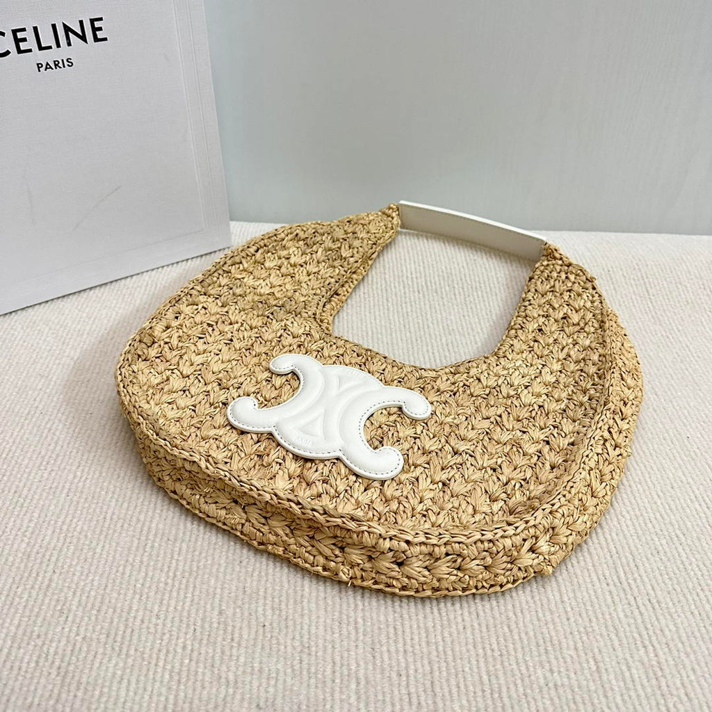 Celine classic panier HOBO BAG IN Raffia and Calfskin 112772 Nuture White