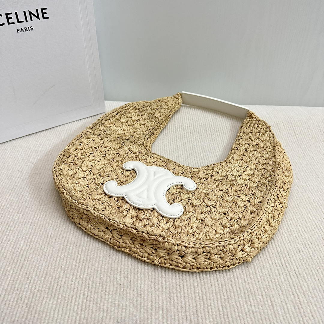 Celine classic panier HOBO BAG IN Raffia and Calfskin 112772 Nuture White