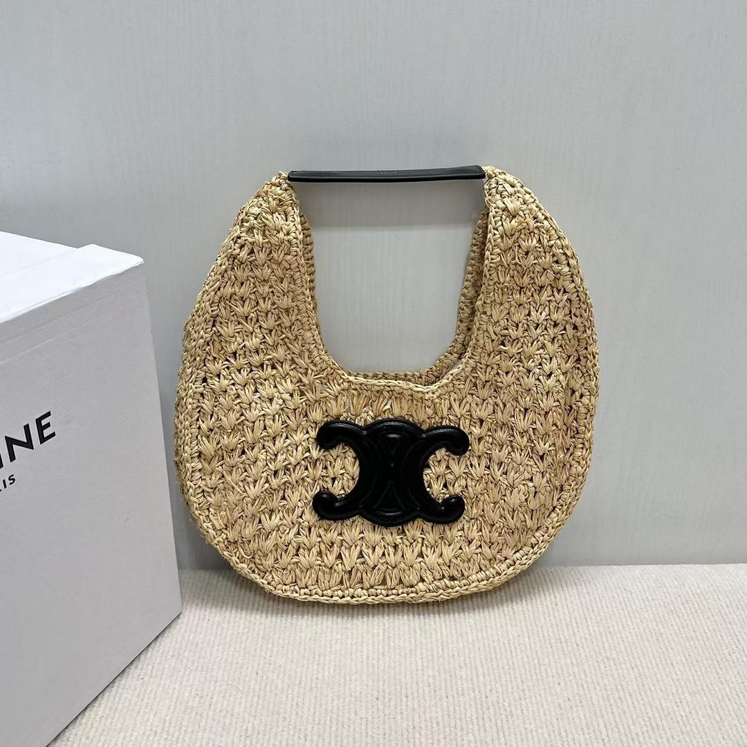 Celine classic panier HOBO BAG IN Raffia and Calfskin 112772 Nuture Black