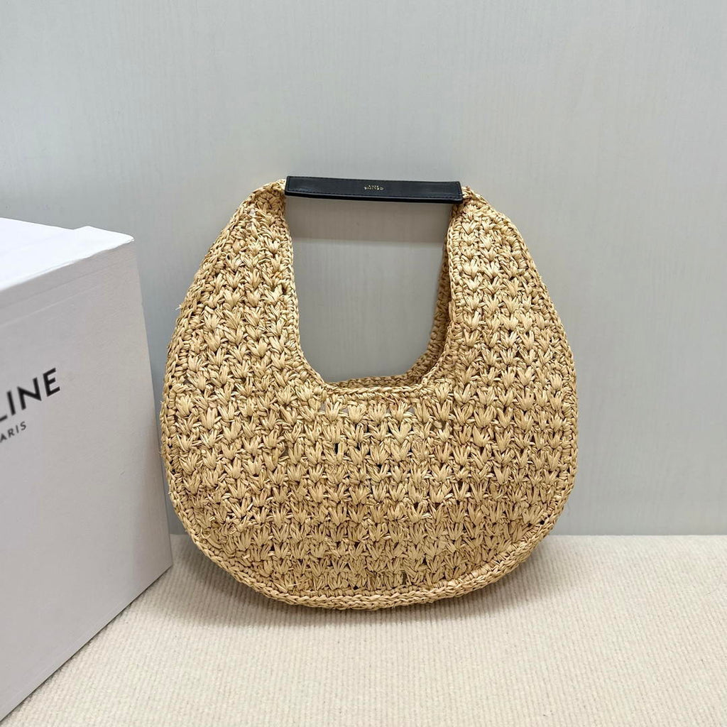 Celine classic panier HOBO BAG IN Raffia and Calfskin 112772 Nuture Black