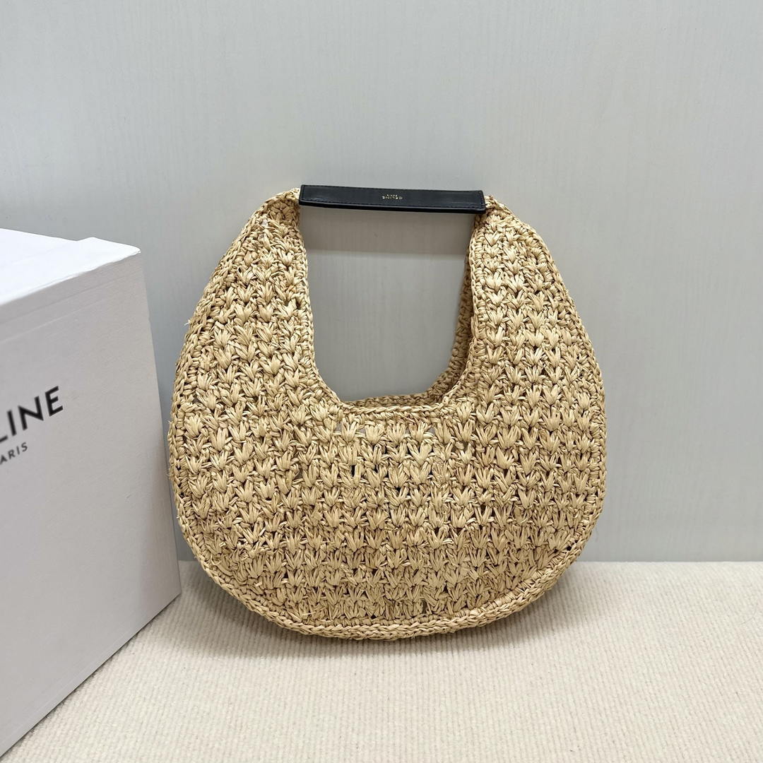 Celine classic panier HOBO BAG IN Raffia and Calfskin 112772 Nuture Black