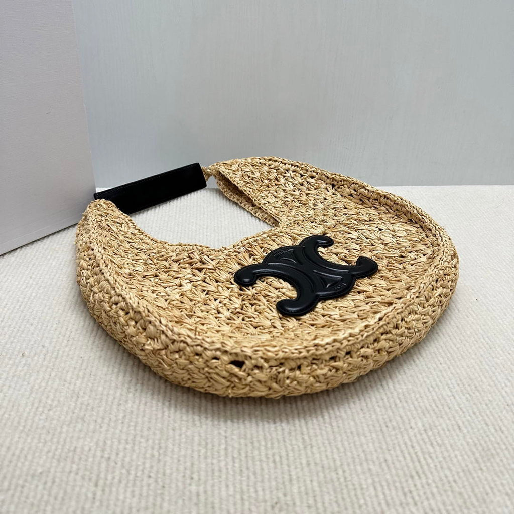 Celine classic panier HOBO BAG IN Raffia and Calfskin 112772 Nuture Black
